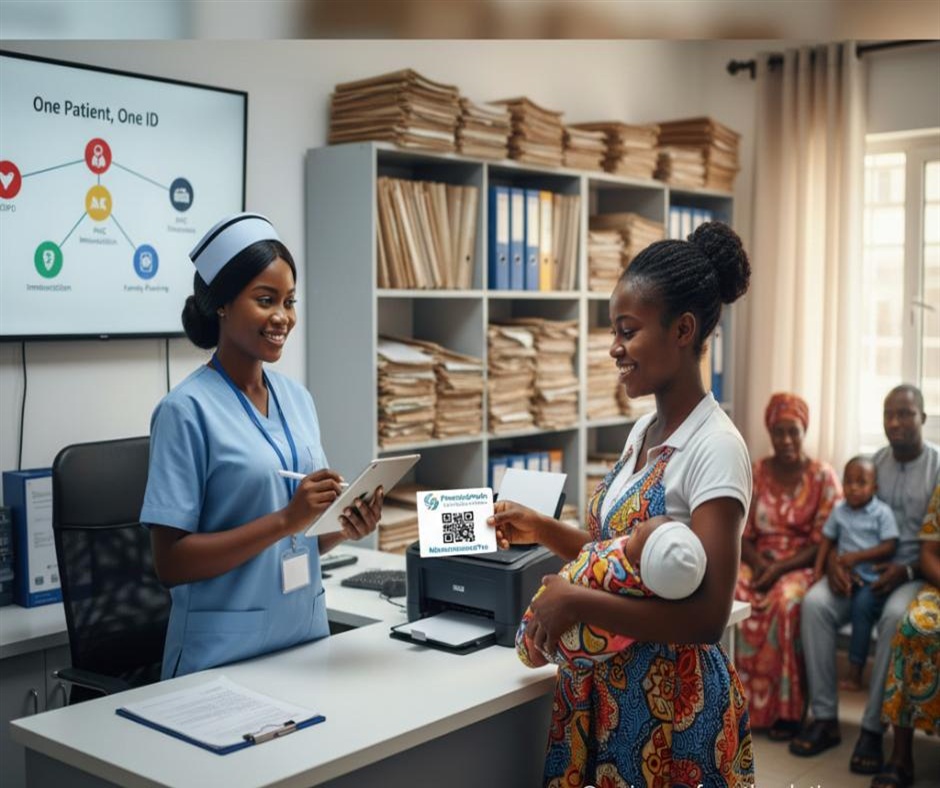 Nurse registering a mother and baby at a health facility